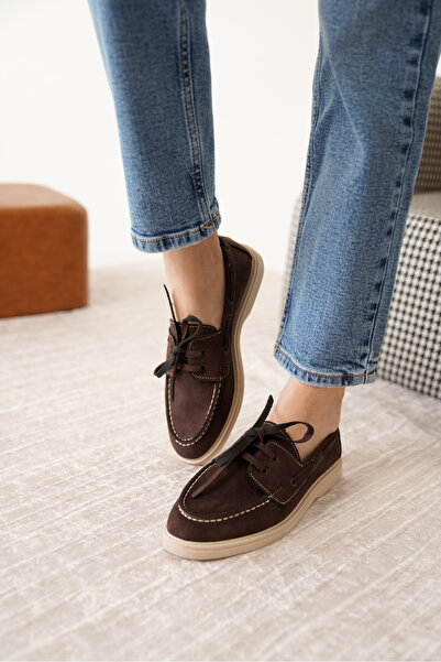 Moda Değirmeni Коричневі замшеві жіночі плоскі мокасини на шнурівці MD1065-113-0001