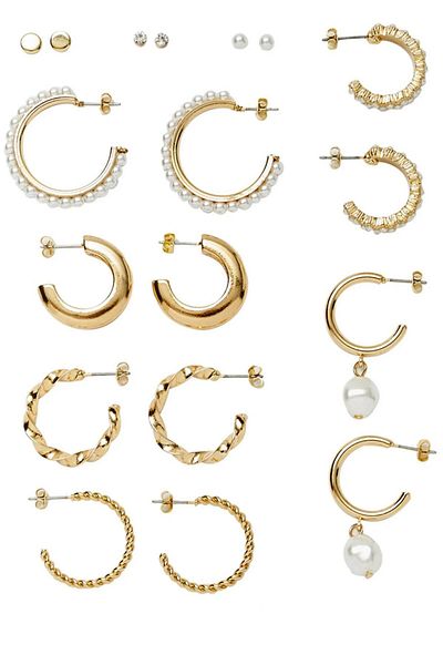 Ervalina Set of 9 Faux Pearl Beaded Ball and Hoop Earrings