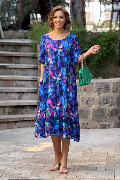Nevin Kaya Moda Rochie din viscoză 100% bumbac cu volane cu fuste florale albastre