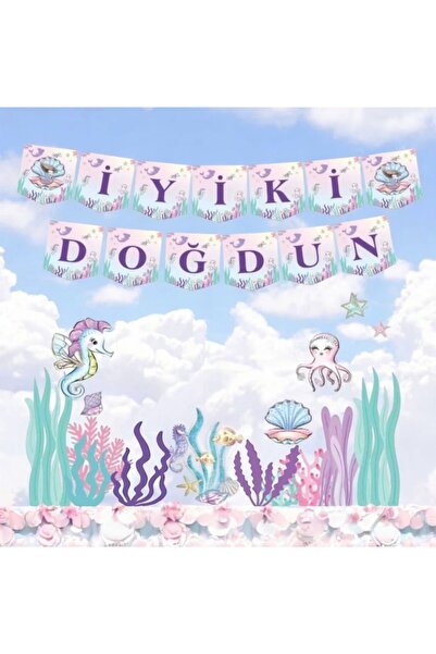 Behind party store لافتة عيد ميلاد سعيد بتصميم حورية البحر