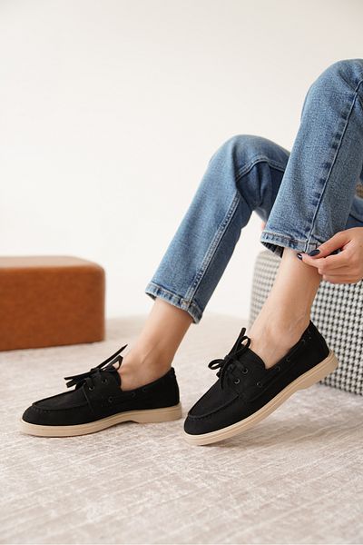 Moda Değirmeni Pantofi de damă din piele intoarsa neagra cu siret MD1065-113-0001