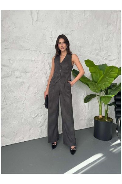 HARMONY GLOBAL Women's Bowknot Vest High Waist Palazzo Pants Anthracite Striped Suit 60465
