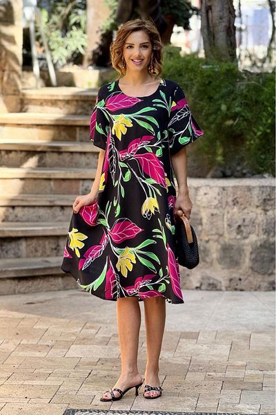 Nevin Kaya Moda Rochie neagră botanică cu gât barcă 100% bumbac viscoză