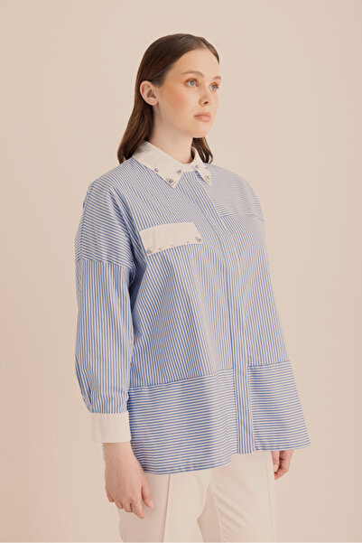 Aker Mavi Çizgili Cotton Taş Işlemeli Gömlek