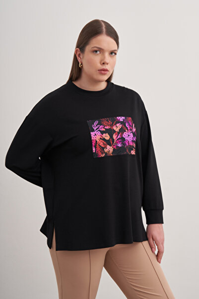 Aker Önü Aplike Taş Baskılı Sweatshirt