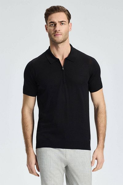 Hemington Silk Cotton Blend Zipper Detailed Black Knitwear Polo