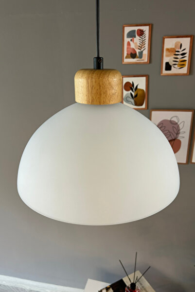 Bamyum Perry Cam Tekli Avize Geniş Ahşap Beyaz Başlık Retro Sarkıt Lamba Restoran Salon Aydınlatma