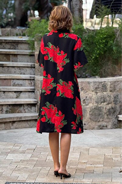 Nevin Kaya Moda Siyah Gül Desen Gömlek Yaka %100 Pamuk Viskon Elbise