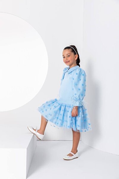 PİXİNADELUXE Balon Kollu Tül Etekli Kız Çocuk Elbise