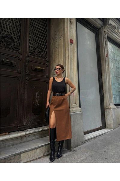 modaserdem    Suede Pencil Skirt with Slit Detail - Brown