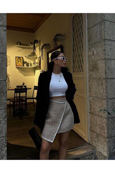 Arben Boutique FUSTA SCURTĂ ŞANELCLODED SHEPHERD CU DETALII DE CUSUT - Bej