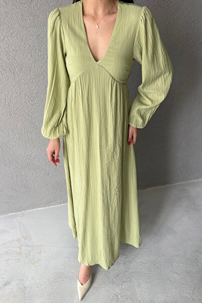 Seda Yalçın Atelier Green Seersucker V-Neck Long Dress