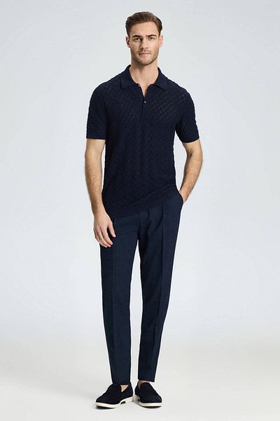 Hemington Pure Cotton Navy Blue Knitwear Polo with Openwork Knit Detail