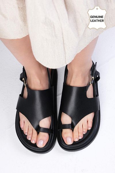 Mio Gusto Lora Genuine Leather Black Color Flip Flops Women's Sandals