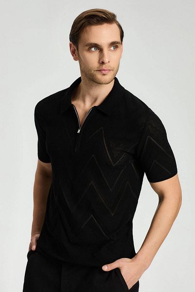 Hemington Zigzag Patterned Black Giza Cotton Knitwear Polo