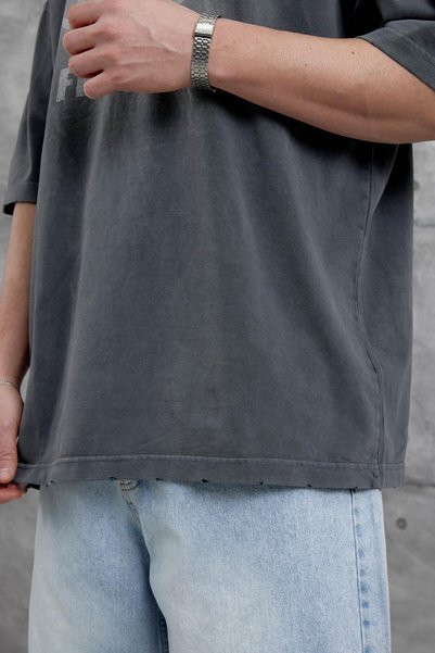 NOMARC Men's T-Shirt Raw Written Washed Smoked Oversize Printed Crew Neck Thick Cotton Fabric