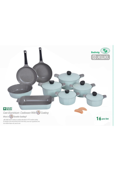 badreig Jewel 16 Piece Ceramic Coated Cookware Set LIGHT GREEN |Made in Saudi