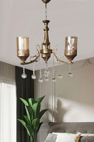 Uçar Milena Ottoman Authentic Crystal Stone Glazed Cast Tumbled 3-Piece Chandelier