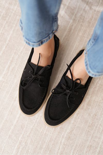 Moda Değirmeni Pantofi de damă din piele intoarsa neagra cu siret MD1065-113-0001