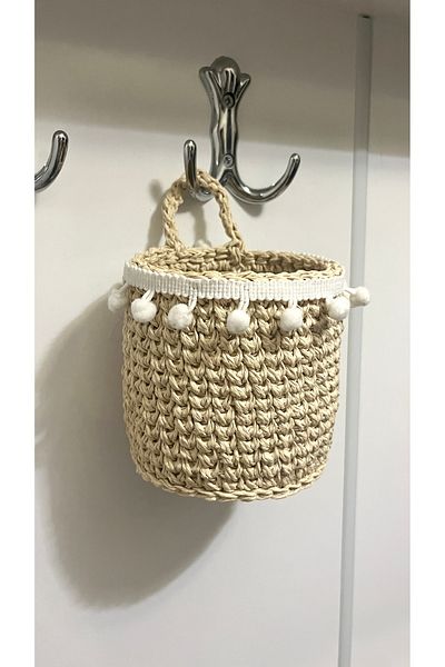 MİESSA Wicker Pompom Basket, Mini Hanging Paper Rope Knitted Basket, 1 Piece Hand Knitted Hanging Garlic Basket