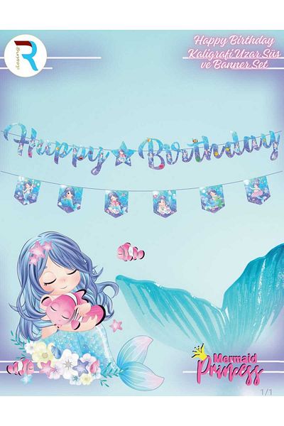 Ahsen süs evi Mermaid Mermaid Happy Birtday Calligraphy Uzar Ornament and Banner Set