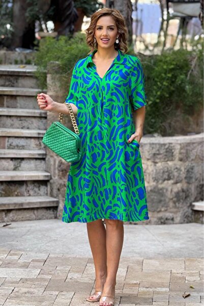 Nevin Kaya Moda Košeľový golier so vzorom tulipánov zelenej farby 100% bavlne...