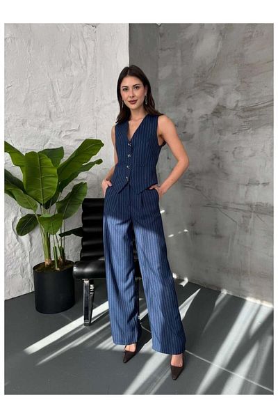 HARMONY GLOBAL Women's Bowknot Vest High Waist Palazzo Pants Navy Blue Striped Suit 60465