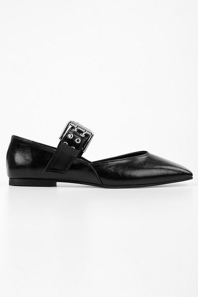 Shoeberry Women's Vell Black Skin Belt Buckle Ballerinas