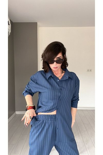ABBRA Women's 100% Cotton Elastic Waist Striped Shirt Pants Set