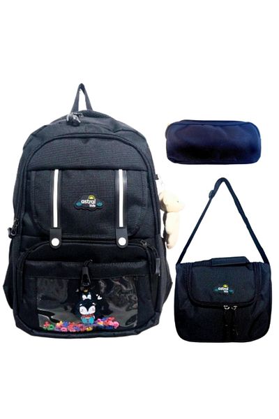 Glanart Geantă pentru școală primară complet căptușită cu 5 ochi + nutriție termos + set de 3 suporturi pentru stilouri negru