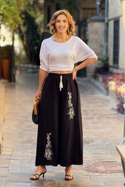Nevin Kaya Moda Black Ethnic Embroidered 100% Cotton Trouser Skirt