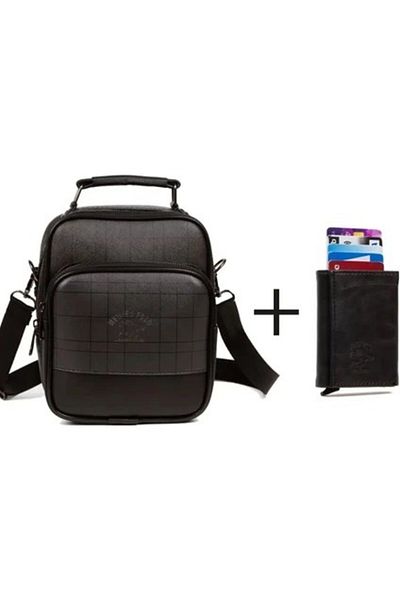 Newish Men's Plaid Black Leather Mechanism Wallet and Casual Shoulder Hand Bag New060
