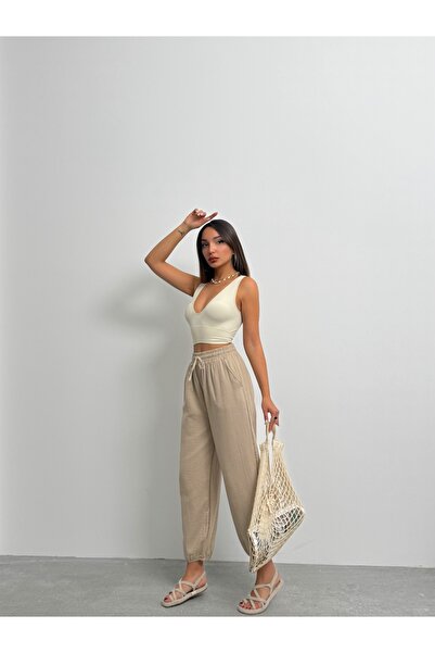 BEJNA Γυναικείο μπεζ παντελόνι με υφή από λινό τσέπη