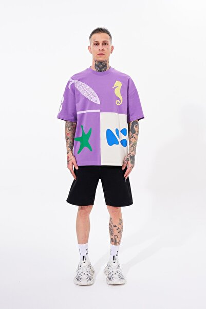 Machinist Ανδρικό μπλουζάκι 87 Sea Shells Printed Oversize Purple Grey T-shirt