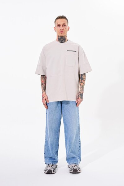 Machinist Ανδρικό μπλουζάκι τζιν με τσέπη που πλένεται υπερμεγέθη ανοιχτό μπεζ