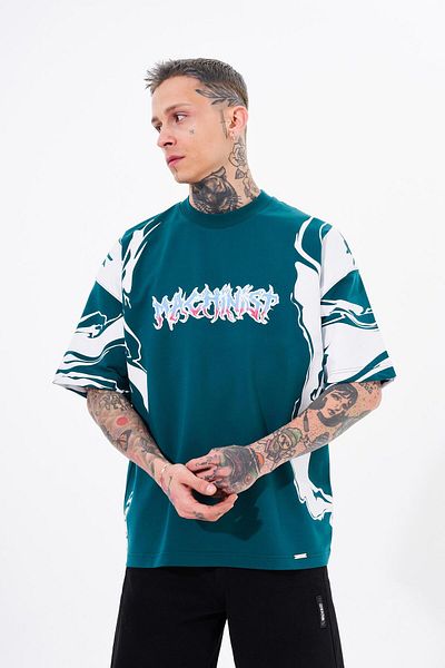 Machinist Men's Sleeve Printed Oversize Petrol Green T-Shirt