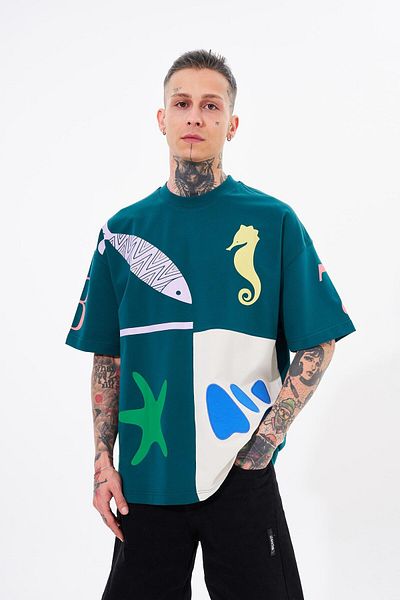 Machinist Men's 87 Sea Shells Printed Oversize Petrol Green Gray T-Shirt