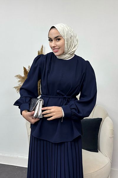 Tesettür Diyarı Crepe Fabric Waisted Lacing Detailed Pleated Skirt Suit-Navy Blue