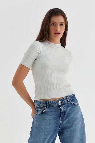 MARKALİSTE Pulover alb din tricot cu nervuri - Maneca scurta