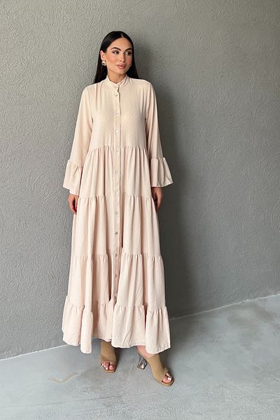 Seda Yalçın Atelier Μακρύ υφαντό μπεζ φόρεμα με κουμπιά γιακά δικαστή