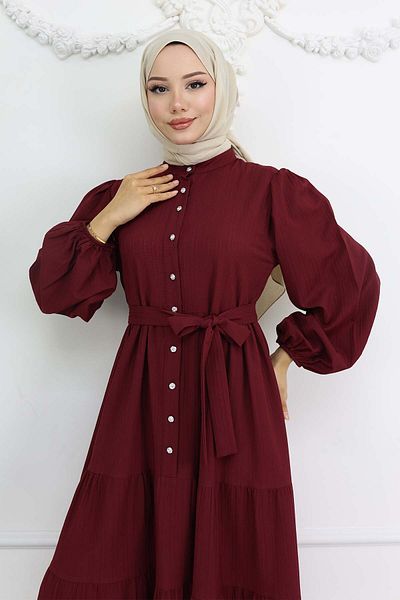 benguen Πέτρινο Κουμπωτό Φόρεμα Hijab με γιακά μπορντό 2268