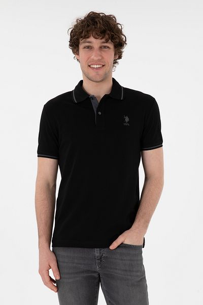 U.S. Polo Assn. تي شيرت أسود أساسي بياقة بولو بقصة ضيقة للرجال 50305980 -vr046