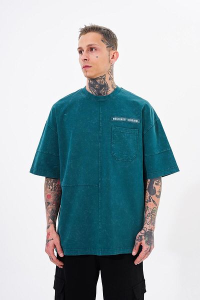 Machinist Men's Denim Pocket Washed Oversize Petrol Green T-Shirt