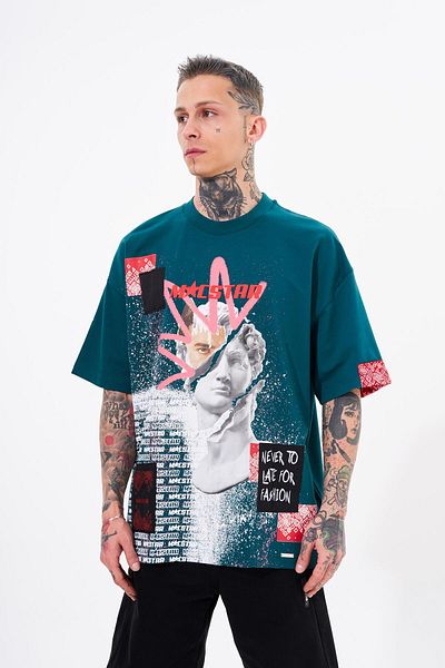 Machinist Men's Macstar Statue Printed Oversize Oil Green T-shirt