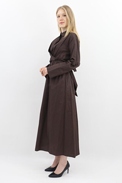 Armine Ön Detaylı Belden Büzgülü Kumaş Elbise - Koyu Mor