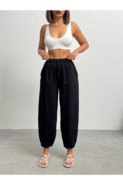 BEJNA Women's Black Pocket Linen Textured Balloon Pants