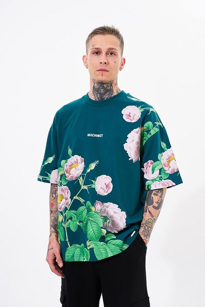 Machinist Petrol Green Oversize Men's T-Shirt - Rose Flower Printed