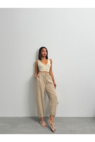 BEJNA Γυναικείο μπεζ παντελόνι με υφή από λινό τσέπη