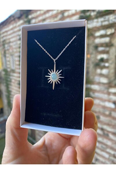 By Atölye Doğal Akuamarin Taşlı Minimal Kuzey Yıldızı Gümüş Kolye