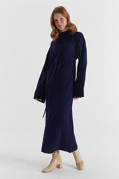 MARKALİSTE Πλεκτό φόρεμα με ζώνη σχοινί Navy Blue